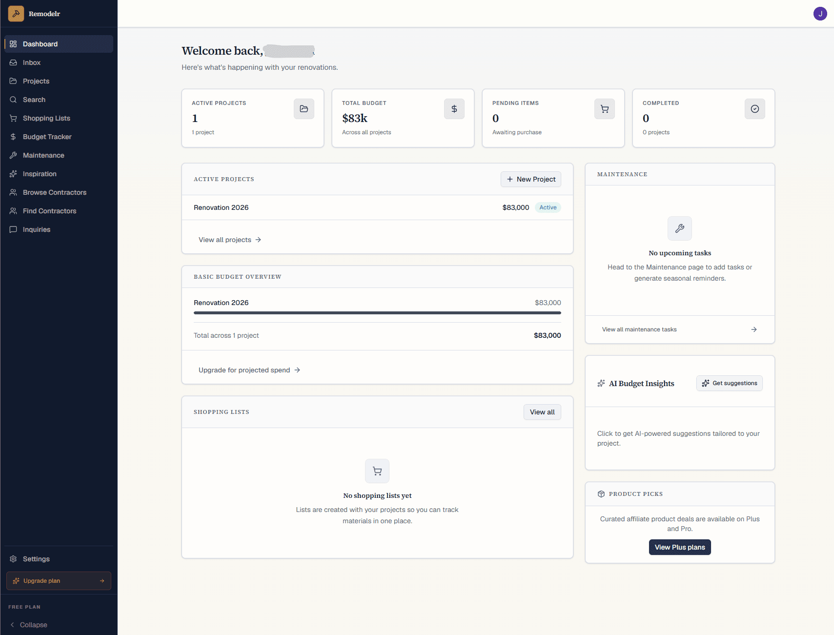 Remodelr project dashboard showing rooms, timeline, and budget summary